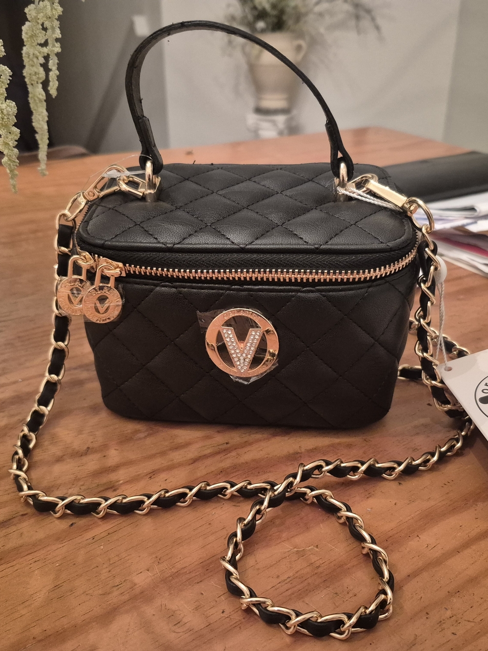 NWT Emblem Valintino Quilted Black Crossbody Bag with Gold Accents & Chain Strap